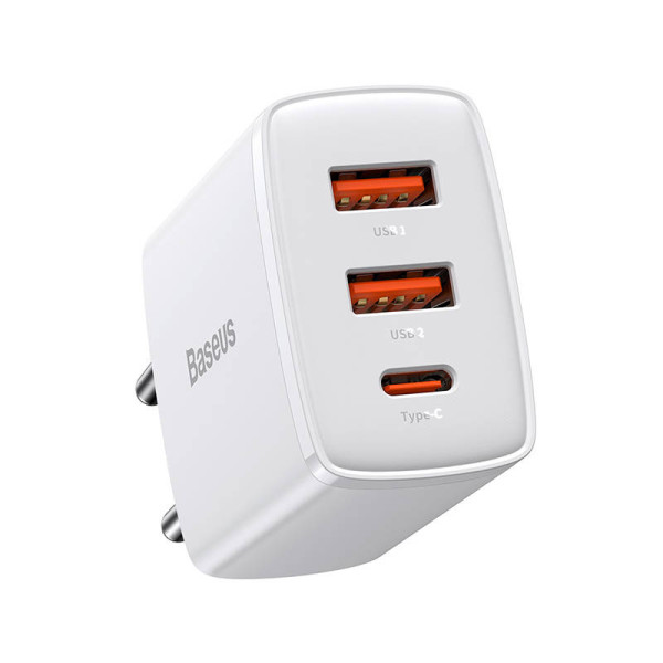 Baseus Compact Quick Charger, 2xUSB, USB-C, PD, 3A, 30W (white)